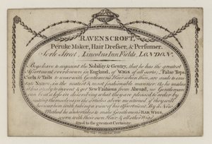 Fabricante de Peruke, Ravenscroft, cartão de comércio de English School
