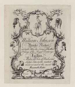 Fabricante de Peruke, William Johnson, cartão de comércio de English School