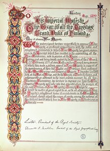 Petição ao czar Nicolau II da Rússia protestando contra a russificação da Finlândia, em 1899 (livro iluminado) de English School