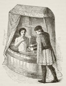Médico sangrando um paciente no século 15, de "A História Nacional e Doméstica da Inglaterra", de William Hickman Smith Aubrey (1858-1916), publicado em Londres, c.1890 de English School
