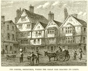 Pie Corner, Smithfield, onde o Grande Incêndio atingiu seus limites de English School