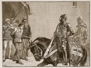 Piers Gaveston antes do conde de Warwick, ilustração da história ilustrada de Cassells da Inglaterra (foto sépia) de English School