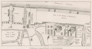 Plano de Bankside no rio Tâmisa baseado em uma pesquisa antiga feita no reino da rainha Elizabeth, mostrando o Bull and Bear Baiting de English School
