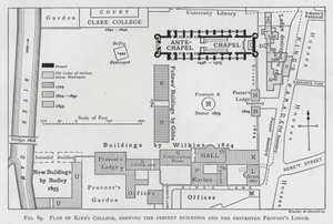 Plano do King "s College, mostrando os edifícios atuais e a destruída Provost" s Lodge de English School