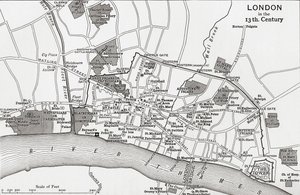 Plano de Londres no século XIII, de "Uma Breve História do Povo Inglês", de JR Green, publicado em 1893 de English School
