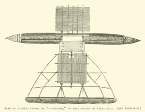Plano de uma grande canoa, ou outrigger, do Arquipélago de Santa Cruz, depois de Labillardiere de English School