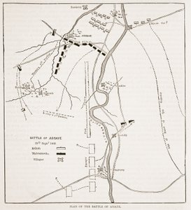 Plano da batalha de Assaye, ilustração da história ilustrada de Cassells da Índia por James Grant, bar. 1879 de English School