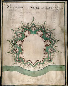 Plano da Cidadela de Calcutá e Fort William, o Armazém Fortificado da Companhia das Índias Orientais, c.1750 (caneta & tinta & aguarela sobre papel) de English School