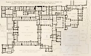 Plano do andar principal do Palácio de Hampton Court como era durante o reinado do Rei Henrique VIII, da História do Palácio de Hampton Court no Tudor Times por Ernest Law, publicado em Londres em 1885 de English School