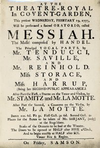 Playbill anunciando uma performance do Oratório de Handel, "Messias" em 1777 (papel impresso) de English School