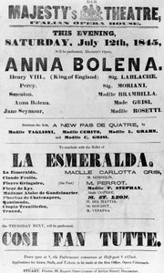 Playbill para o teatro de sua majestade, ópera italiana, 1845 (papel impresso) de English School