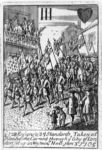Cartas de baralho que retratam as Bandeiras e Normas Adotadas em Blenheim, sendo transportadas pela Cidade de Londres, em 3 de janeiro de 1705 de English School