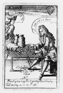 Jogo de cartas comemorativo da Guerra da Sucessão Espanhola, fato de coração, c.1707 (gravação) (foto a preto e branco) (detalhe de 115651) de English School