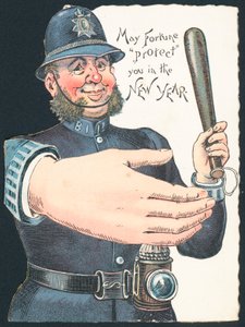 Policial, segurando, truncheon, com, grande, mão, ano novo, cartão de English School