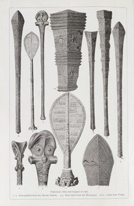 Clubes polinésios e insígnias de classificação, de &39;The History of Mankind&39;, Vol. 1, do Prof. Friedrich Ratzel, 1896 de English School