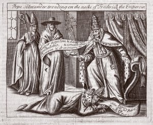 Papa Alexandre pisando no pescoço do Imperador Frederico, ilustração de Atos e Monumentos de John Foxe, nona edição, pub. 1684 de English School