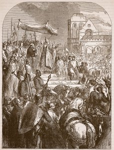 Papa Urbano II pregando a Primeira Cruzada no mercado de Clermont, 1096, ilustração da História Ilustrada de Cassells da Inglaterra (foto sépia) de English School