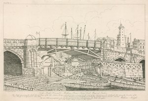 Porção da antiga ponte de Londres, desenhada em 1826 durante as obras de construção de English School