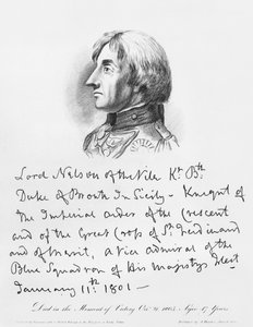 Retrato do almirante Horatio Nelson com sua caligrafia