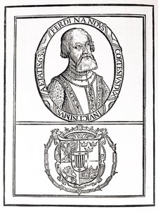 Retrato de Hernado Cortes (1485-1547) e seus braços, de "A História Narrativa e Crítica da América", editado por Justin Winsor, Londres, 1886 de English School