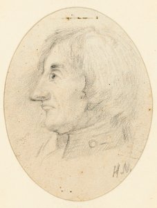 Retrato de Lord Nelson, de cabeça e colarinho naval, de perfil.... com as iniciais H.N. por baixo de English School
