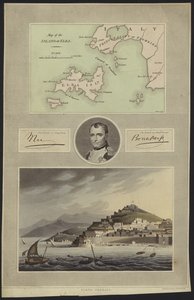 Retrato, de, Napoleão, bonaparte, com, um, mapa, e, um, vista, de, elba