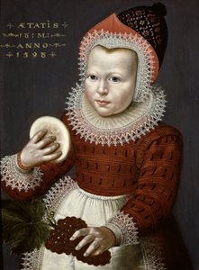 Retrato, de, um, menina jovem, segurando, pão, e, uvas, 1598