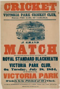 Cartaz publicitário de uma partida de críquete no Victoria Park Cricket Club em 18 de julho de 1854