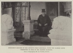 O Presidente Kruger no seu Setenta Primeiro Aniversário, com os Leões de Mármore apresentados pelo Sr. Barney Barnato (gravura) de English School