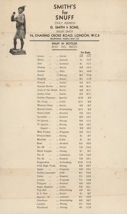 Lista de preços para G Smith & Sons, Snuff Shop de English School