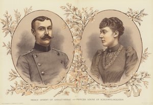 Príncipe Aribert de Anhalt-Dessau e Princesa Louise de Schleswig-Holstein (chromolitho) de English School