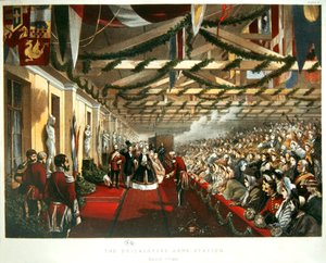 A Princesa Alexandra da Dinamarca chega a Londres a 7 de Março de 1863 na The Bricklayers Arms Station com o seu futuro marido, o Príncipe de Gales. 1863 (cor litho) de English School