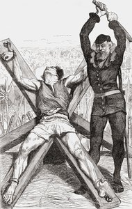 Prisioneiro sendo torturado na Cruz de St. Andrews, c.1865 (gravura em madeira) de English School