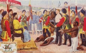 O soldado Mayse dos Buffs recusa-se a curvar-se perante o Mandana chinês (litografia a cores) de English School
