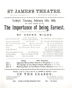 Programa para uma performance de The Importance of Being Earnest, de Oscar Wilde (1854-1900) no St. James Theatre, 14 de fevereiro de 1895 de English School
