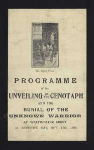 Programa para o desvelar do Cenotáfio e o enterro do Guerreiro Desconhecido, Abadia de Westminster, Londres, 11 de novembro de 1920 de English School