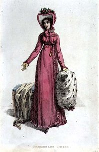 Vestido Promenade, placa de moda do Repositório de Artes da Ackermann de English School