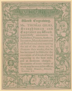 Cartão promocional para Thomas Gilks, desenhista e gravador em madeira de English School