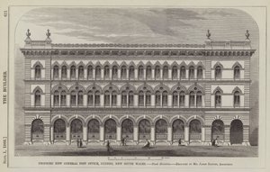Proposta New General Post Office, Sydney, New South Wales, Flank Elevation, projetada pelo Sr. James Barnet, Arquiteto (gravura) de English School