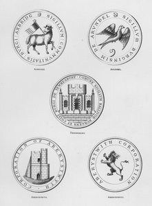 Armas públicas: Axbridge; Arundel; Tewkesbury; Aberystwith (gravura) de English School