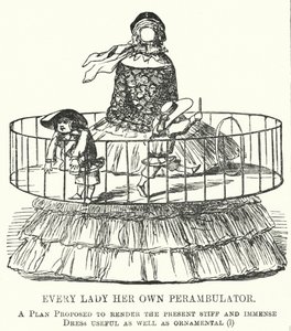Soco cartoon: Every Lady Her Own Perambulator - a moda para saias de cesto de senhora (gravura) de English School