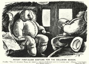 Soco cartoon: Traje de primeira classe patente para a época de colisão - segurança nos caminhos-de-ferro (gravura) de English School