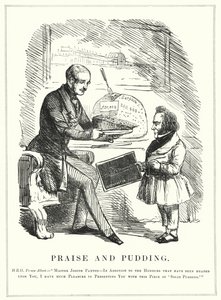 Soco cartoon: Louvor e Pudim: Príncipe Alberto premiando Joseph Paxton por projetar o Palácio de Cristal para abrigar a bem sucedida Grande Exposição de 1851 em Hyde Park, Londres (gravura) de English School
