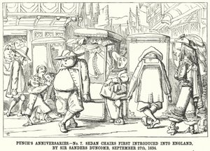 Soco cartoon: Aniversários de socos - Nº 7. Sedan Chairs First Introduced into England, por Sir Sanders Duncomb, 27 de Setembro de English School