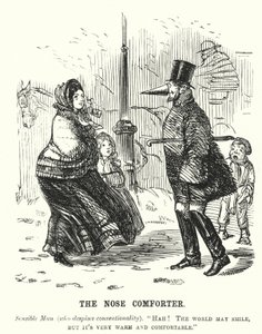 Soco cartoon: The Nose Comforter - homem protegendo seu nariz contra o frio (gravura) de English School