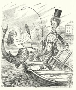 Punch cartoon: pescador apanhando uma sereia (gravura) de English School