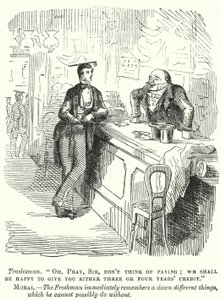 Punch cartoon: estudante universitário caloiro a negociar com um lojista (gravura) de English School