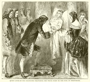 Rainha Anne em seu leito de morte entregando o cajado branco ao conde de Shrewsbury de English School