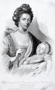 Rainha Charlotte, Consorte do Rei Jorge III, com o seu filho bebé, o futuro Príncipe Regente e Rei Jorge IV de English School