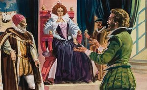Rainha Isabel I (1533-1603) e Sir Francis Drake (1540-96) (guache sobre papel) de English School